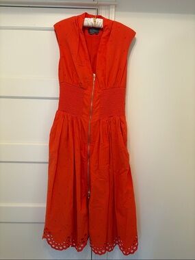 Anthropologie Orange Eyelet Midi Dress with Front Zip